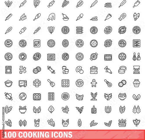100 cooking icons set. Outline illustration of 100 cooking icons vector set isolated on white background