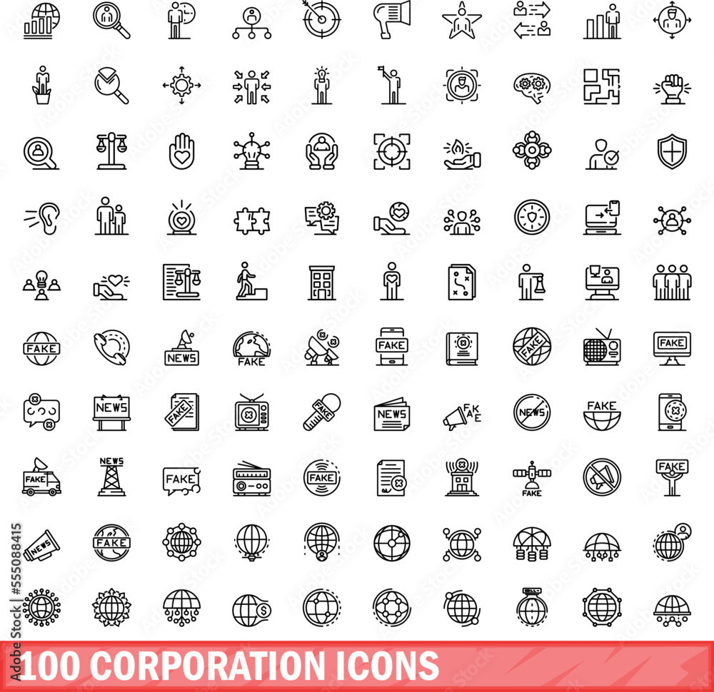 100 corporation icons set. Outline illustration of 100 corporation icons vector set isolated on white background 100 corporation icons set. Outline illustration of 100 corporation icons vector set isolated on white background