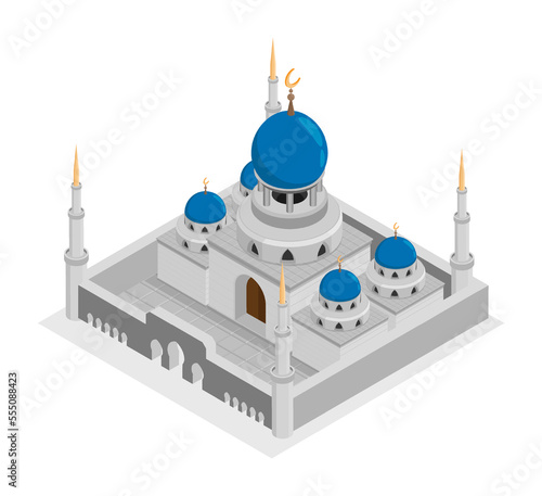 Ancient isometric temple with tall spires, muslim mosque facade with stone walls, dome and crescent symbol on top. Religious building for prayers. Realistic 3D vector isolated on white background