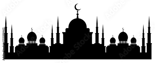 Horizontal black and white banner with silhouette of muslim mosque facade, dome and crescent symbol on top. Religious building for prayers flat. Vector isolated on white background