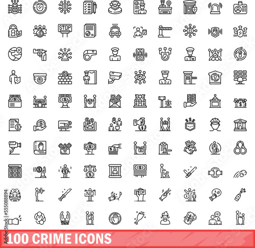 100 crime icons set. Outline illustration of 100 crime icons vector set isolated on white background