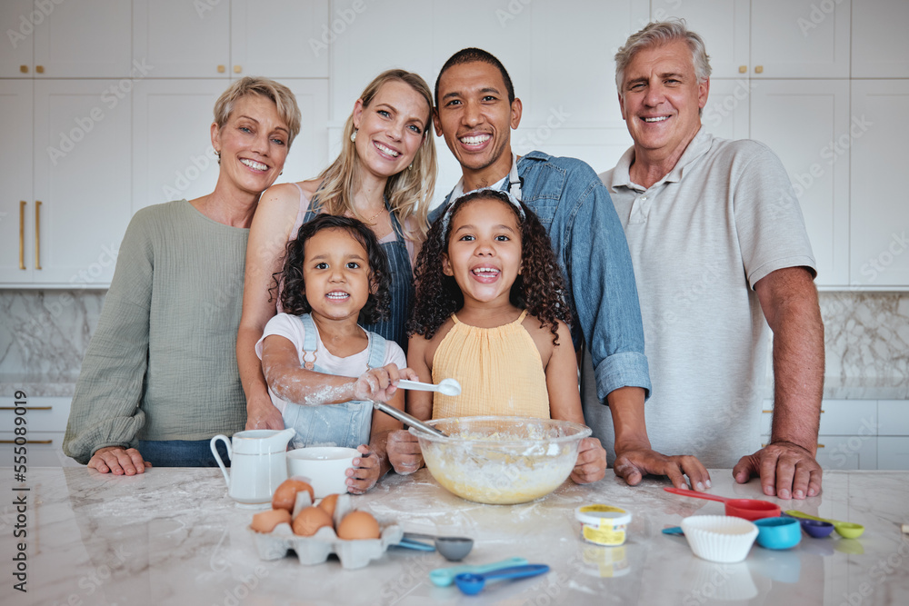 Happy family, learning cooking and portrait in kitchen in family home for love, support and teaching children breakfast recipe. Big family, parents and kids smile, relax quality time baking together Happy family, learning cooking and portrait in kitchen in family home for love, support and teaching children breakfast recipe. Big family, parents and kids smile, relax quality time baking together