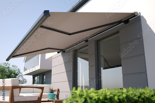 Awning and modern building, 3D illustration