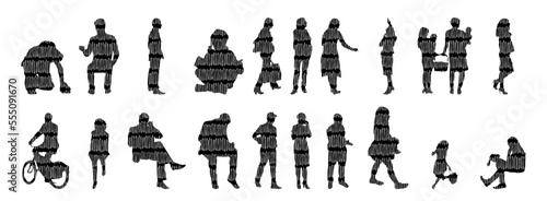 Vector illustration, Outline silhouettes of people, Contour drawing, people silhouette, Icon Set Isolated , Silhouette of sitting people, Architectural set	
