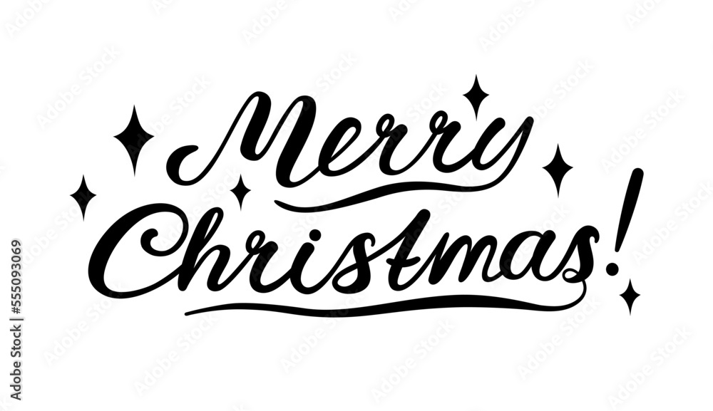Merry Christmas lettering with stars. Greeting card. Black and white text for banner