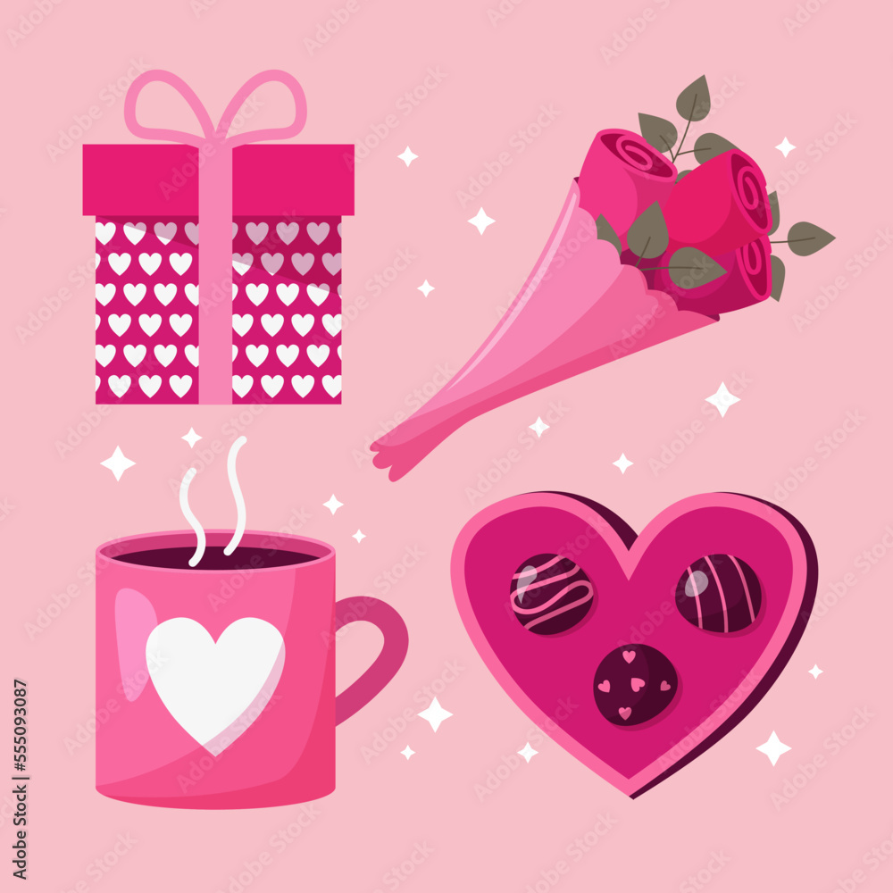 valentines day element collection rose bouquet gift pink heart cup and candy box