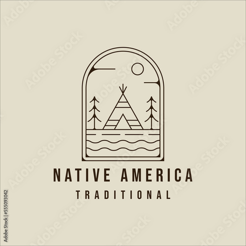 teepees indian line art logo vector simple minimalist illustration template icon graphic design. traditional indian camp sign or symbol for adventure and wanderlust with badge emblem concept