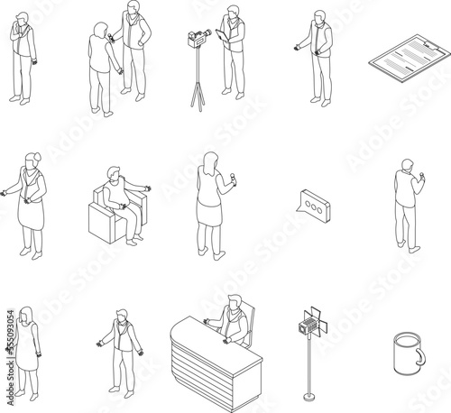 TV presenter icons set. Isometric set of TV presenter vector icons outline on white thin line collection