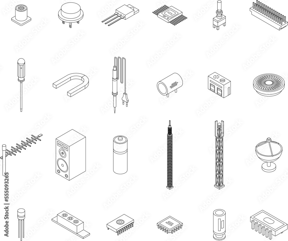 Radio engineer icons set. Isometric set of radio engineer vector icons outline on white thin line collection Radio engineer icons set. Isometric set of radio engineer vector icons outline on white thin line collection