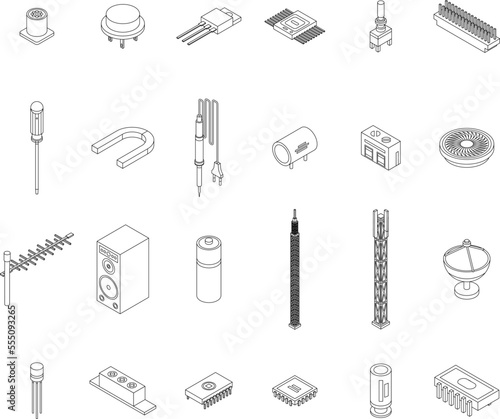 Radio engineer icons set. Isometric set of radio engineer vector icons outline on white thin line collection
