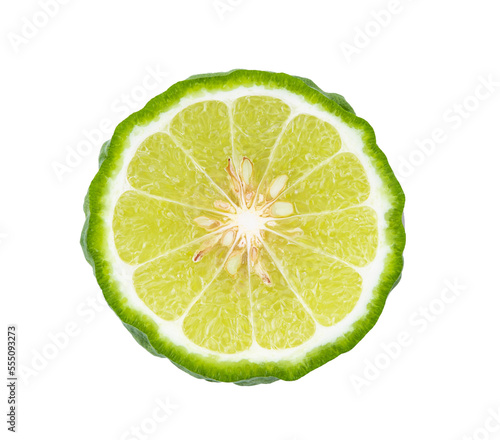 A half of bergamot or kaffir with seeds isolated on transparent png