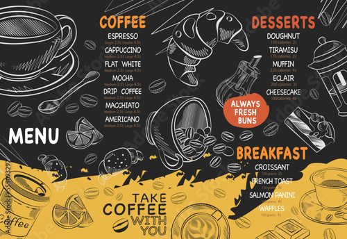 horizontal menu template with coffee dessert and breakfasts with yellow accents
