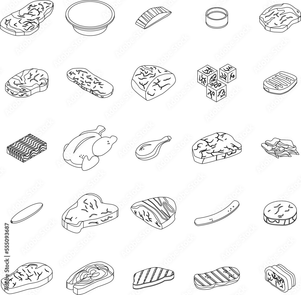Meat icons set. Isometric set of meat vector icons outline on white thin line collection