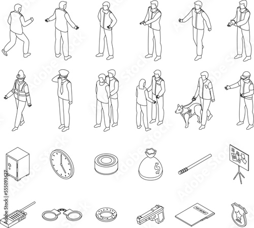 Policeman icons set. Isometric set of policeman vector icons outline on white thin line collection