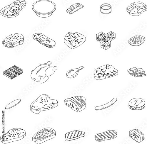 Meat icons set. Isometric set of meat vector icons outline on white thin line collection