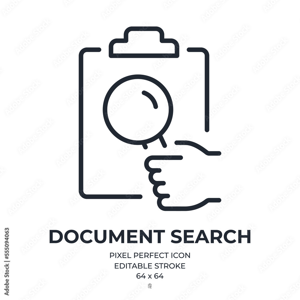 Document search editable stroke outline icon isolated on white background flat vector illustration. Pixel perfect. 64 x 64. Document search editable stroke outline icon isolated on white background flat vector illustration. Pixel perfect. 64 x 64.