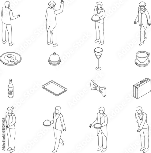 Butler icons set. Isometric set of butler vector icons outline on white thin line collection