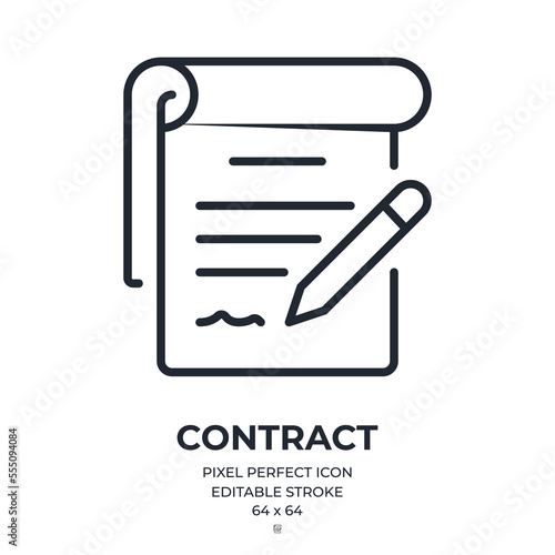Contract and signature concept editable stroke outline icon isolated on white background flat vector illustration. Pixel perfect. 64 x 64.