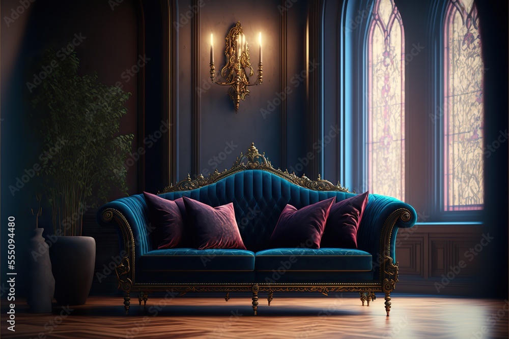 Dark blue and violet interior, sofa in the living room. Gothic style.  Generative ai. Stock Illustration