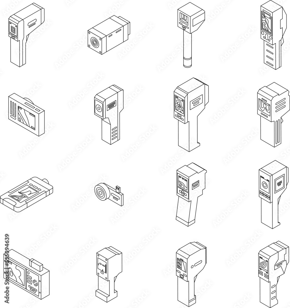 Thermal imager icons set. Isometric set of thermal imager vector icons outline on white thin line collection Thermal imager icons set. Isometric set of thermal imager vector icons outline on white thin line collection