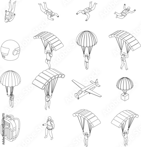 Parachuting icons set. Isometric set of parachuting vector icons outline on white thin line collection