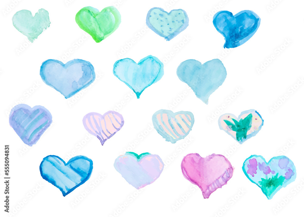 Set of watercolor hand drawn green hearts isolated on white background. Heart watercolor for a Valentine's Day card or a romantic postcard.