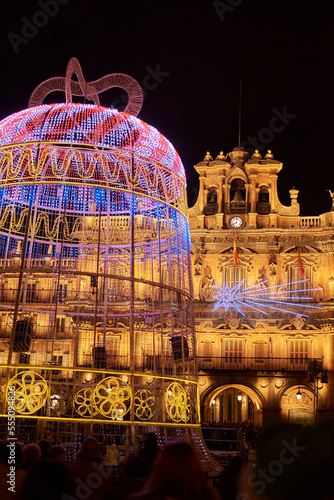 Beautiful view of the main square and town hall of Salamanca, with the  Christmas decoration of the year 2022.