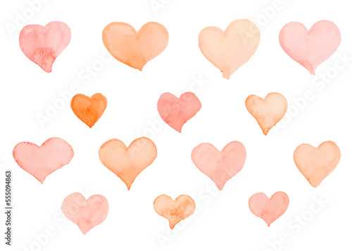 Set of watercolor hand drawn pink hearts isolated on white background. Heart watercolor for a Valentine's Day card or a romantic postcard.