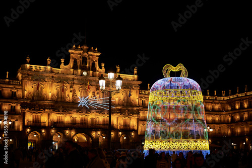 Beautiful view of the main square and town hall of Salamanca, with the  Christmas decoration of the year 2022.