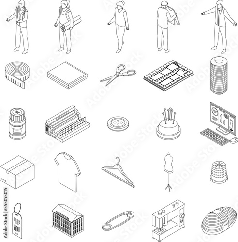 Textile production icons set. Isometric set of textile production vector icons outline on white thin line collection