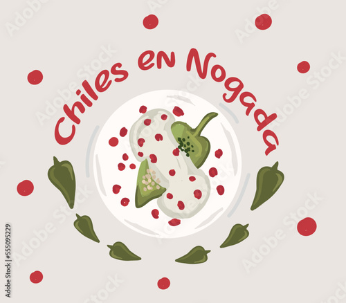 Chiles en nogada mexican food vector. Best Mexican Dishes. Latin american food illustration.