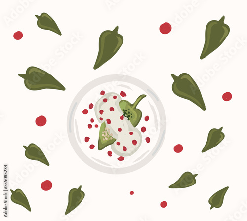 Chiles en nogada mexican food vector. Best Mexican Dishes. Latin american food illustration.