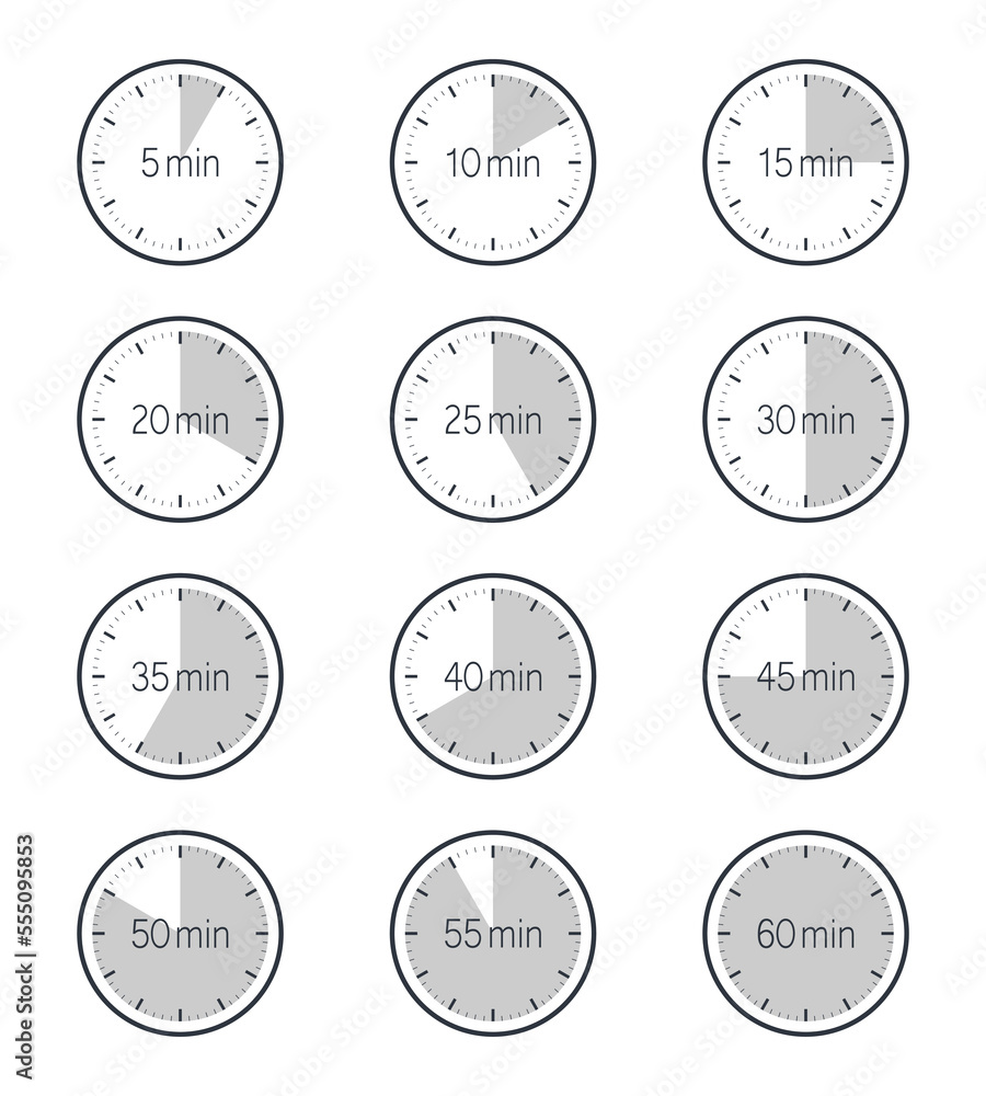 Naklejka premium A set of timer icons. Countdown symbols collection from 5 to 60 minutes. Design templates isolated on white background. Vector illustration