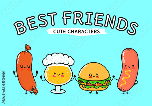 Cute, funny happy glass of beer, sausage with mustard and hamburger. Vector hand drawn cartoon kawaii characters, illustration icon. Funny cartoon glass of beer, sausage mustard and hamburger mascot