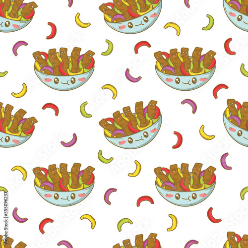 Seamless pattern with Mexican fajitas with funny faces in doodle cartoon style isolated on white background