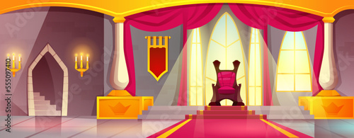 Cartoon medieval castle with empty ballroom, burning candles and red carpet path to king throne on pedestal. Royal palace interior hall or ceremony room with columns, curtains on window, queen chair.