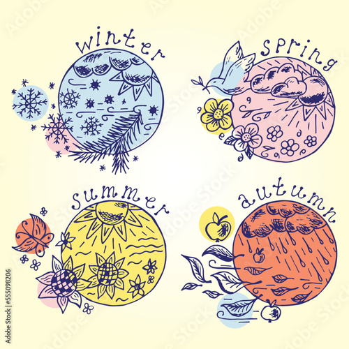 Set of colorful Seasons. Four seasons icons Hand drawn doodles. Times of year. Winter. Spring. Summer. Autumn.