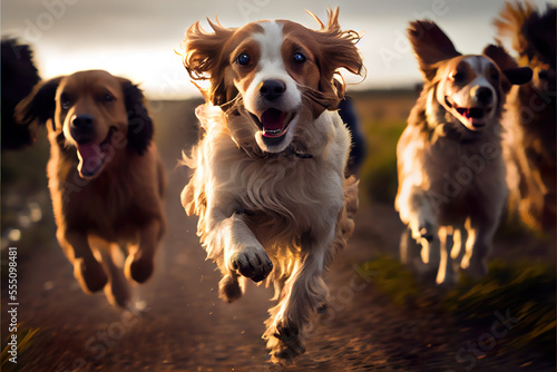 a group of happy dogs running towards the camera, their tongues hanging out, their fur very silky and cute, made with generative ai