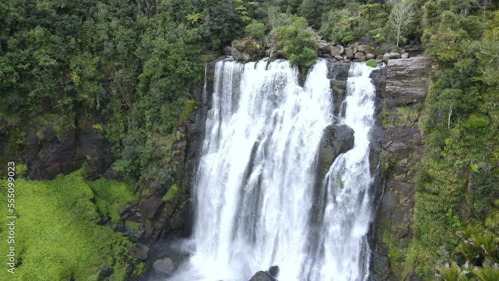 High drone shot cascading Waterfall rock pool with water mist High drone shot cascading Waterfall rock pool with water mist