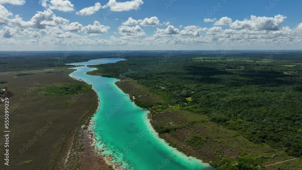 Aerial view overlooking the Bacalar rapids channel, in sunny Quintana roo, Mexico Aerial view overlooking the Bacalar rapids channel, in sunny Quintana roo, Mexico