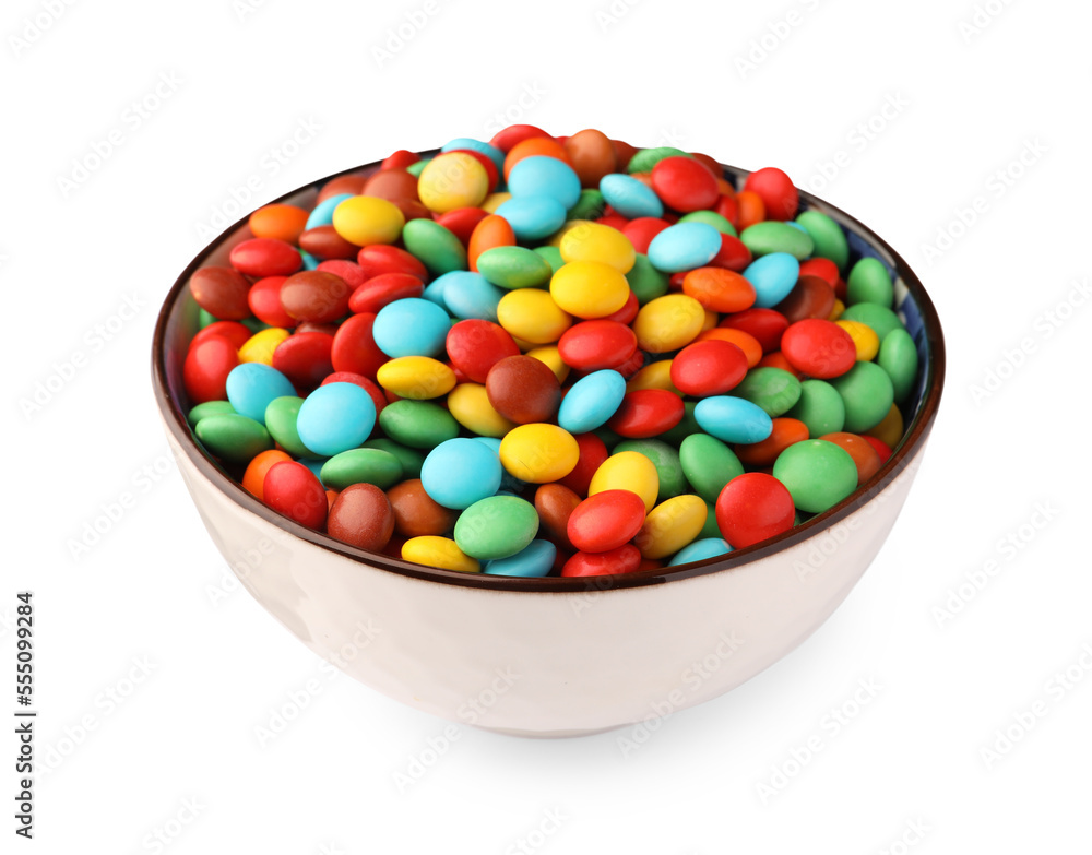 Bowl with colorful candies isolated on white Bowl with colorful candies isolated on white