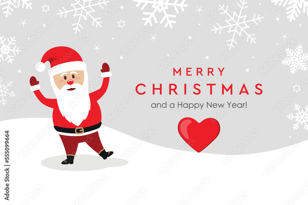 christmas greeting card with cute santa claus on snowy background
