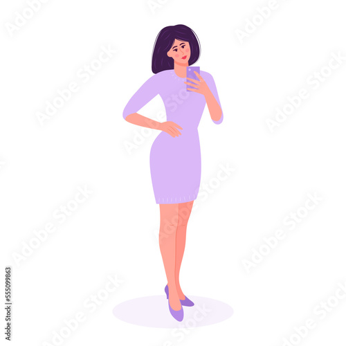 Beautiful young woman is taking selfie by smartphone. Fashion, social media concept.