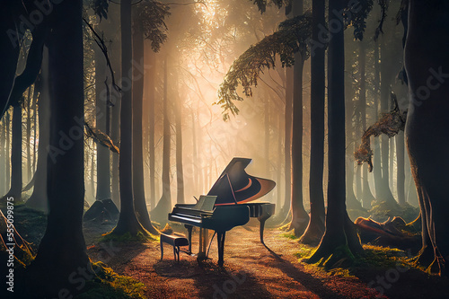 Vintage piano in fantasy forest, generative ai illustration photo