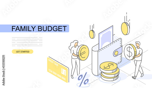 Wallet with money Isometric Concept. Use for web page, banner, infographics. Flat illustration editable line. People with Dollar Coin