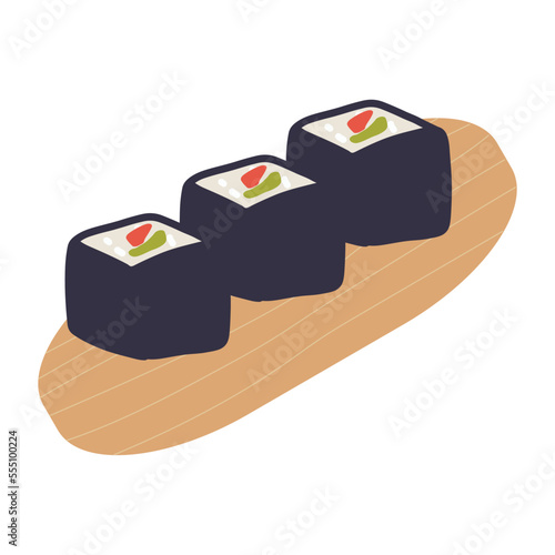 Sushi roll with salmon and avocado on wooden plate. Cute hand drawn cartoon illustration for asian food menu, stickers, wall art, restaurant logo