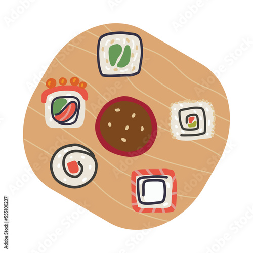 Sushi roll set and soy sauce on wooden plate. Cute hand drawn cartoon illustration for asian food menu, stickers, wall art, restaurant logo
