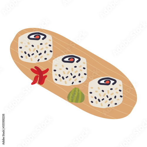 Sushi roll with salmon, avocado, cheese and sesame seeds on wooden plate. Cute hand drawn cartoon illustration for asian food menu, stickers, wall art, restaurant logo