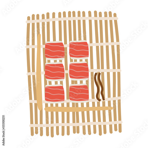 Sushi roll set with salmon on wooden mat. Cute hand drawn cartoon illustration for asian food menu, stickers, wall art, restaurant logo