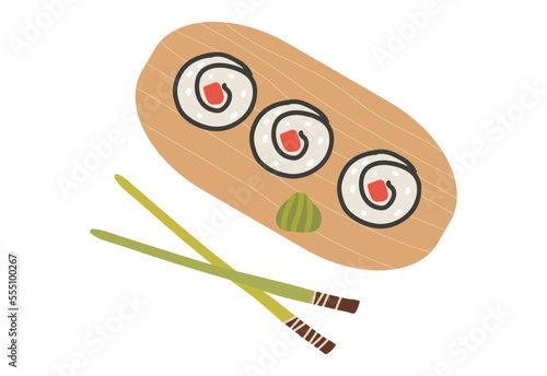 Sushi roll with salmonand nori and chopsticks on wooden plate. Cute hand drawn cartoon illustration for asian food menu, stickers, wall art, restaurant logo